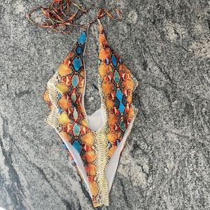 One Piece Snakeskin Deep V Neck Swimsuit